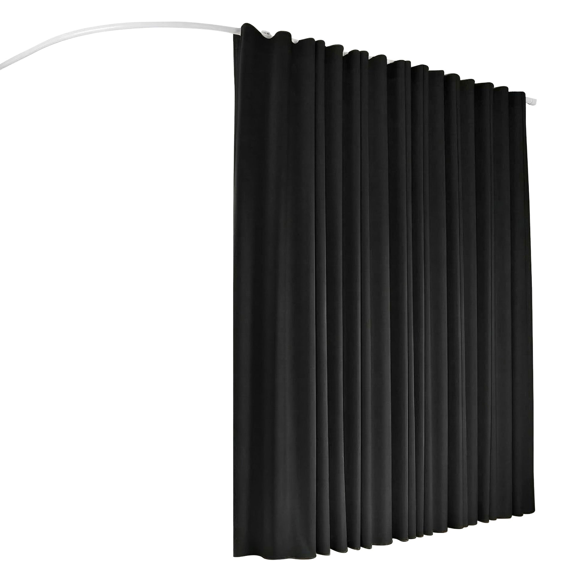 Black room divider curtain hanging from white curved ceiling track product shot showing arc of track on white background