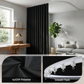 Black room divider curtain dividing office and living room with 142GSM polyester fabric and smooth track close-ups