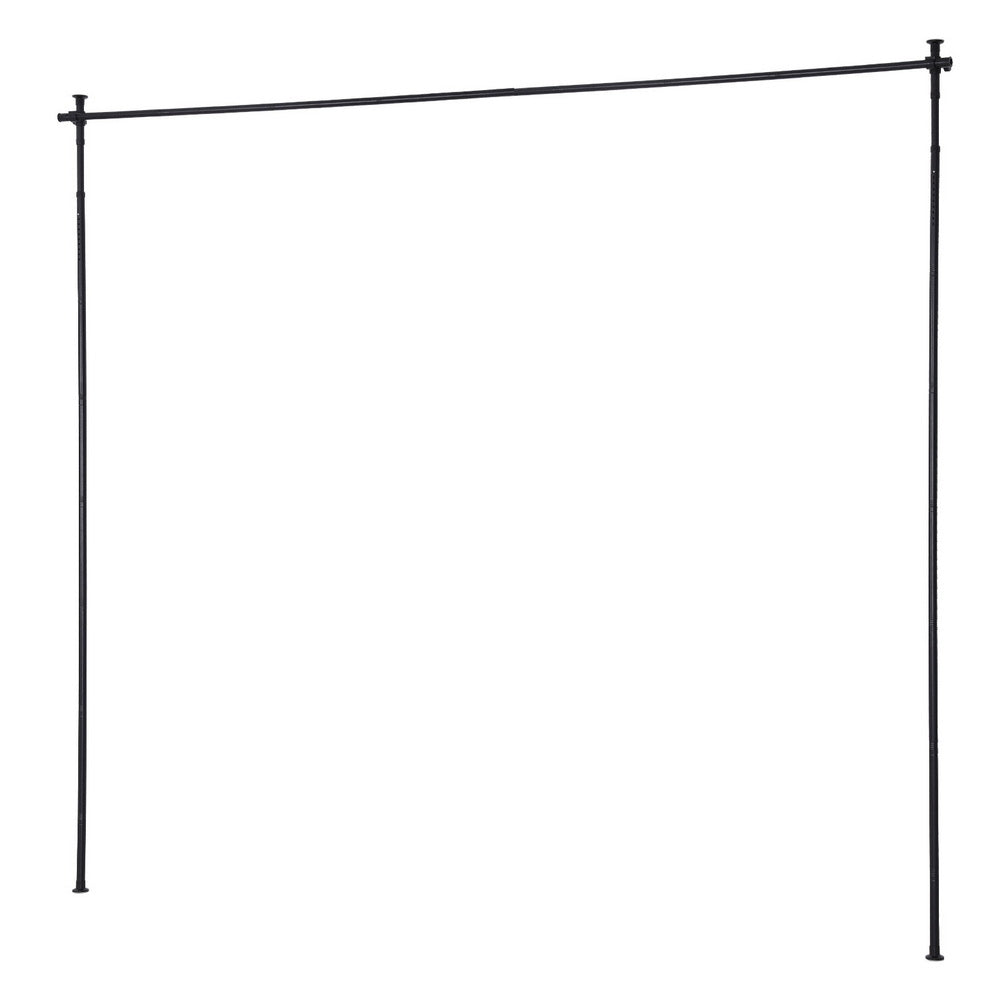 Black floor-to-ceiling curtain rod frame on white background with horizontal crossbar and ceiling floor fixings