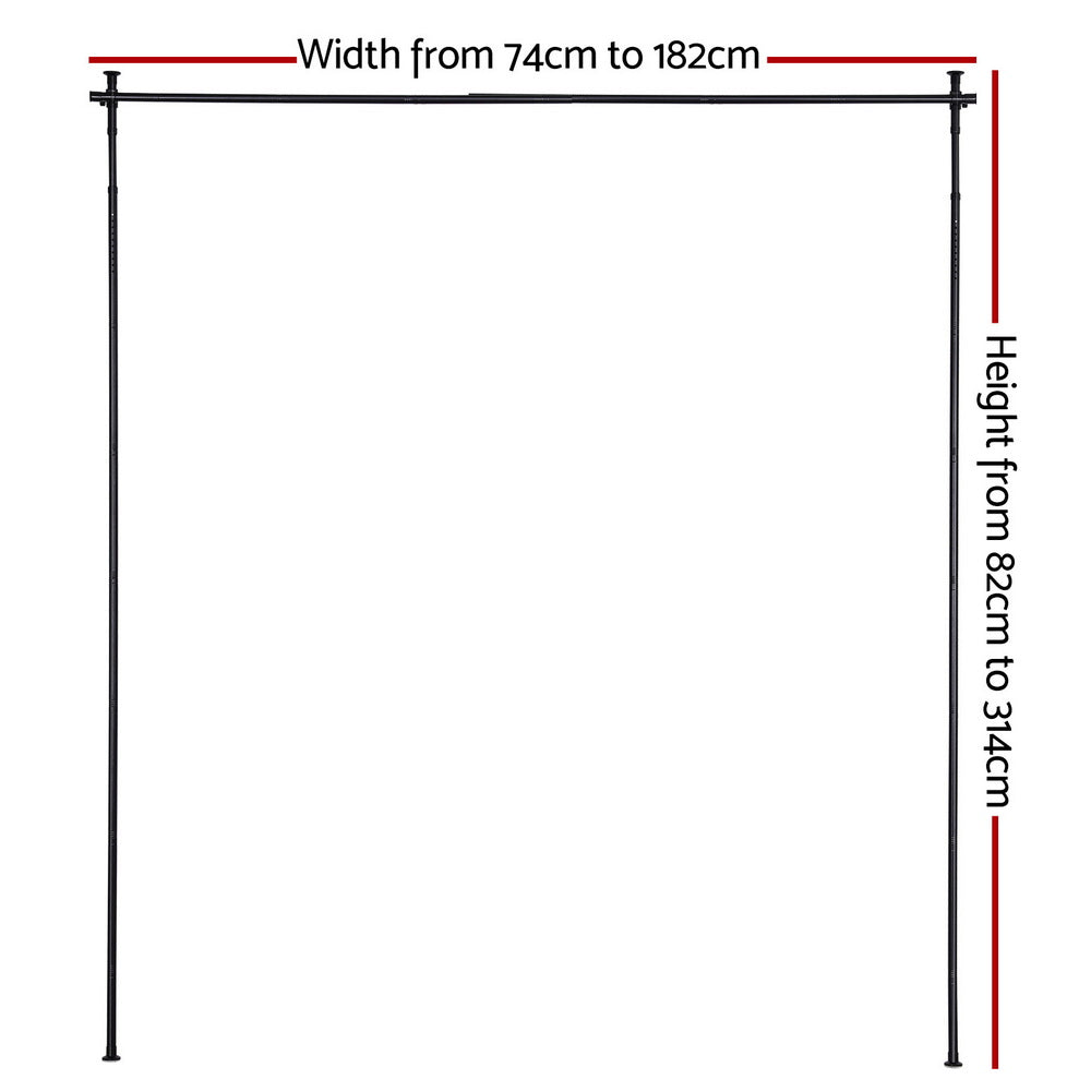 Black floor-to-ceiling curtain rod frame on white background with horizontal crossbar and ceiling floor fixings