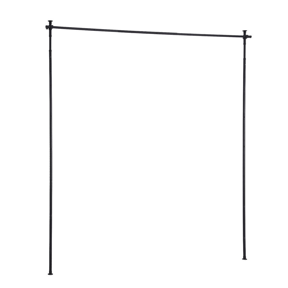 Black freestanding floor-to-ceiling curtain rod frame on white background rectangular H-shaped metal pipe structure