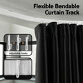 Black room divider curtain on curved ceiling track with flexible bendable track adjustable hooks diagram and header close-up