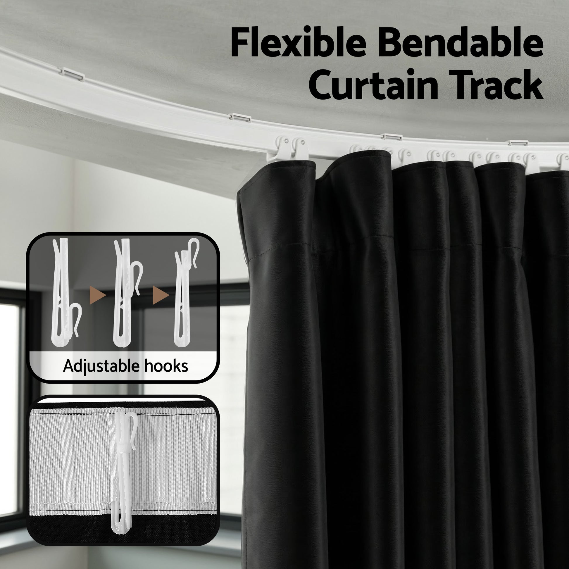Black room divider curtain on curved ceiling track with flexible bendable track adjustable hooks diagram and header close-up