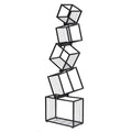 Black metal diagonal cube bookshelf with 5 angled cube tiers and rectangular base, front-angle view on white background