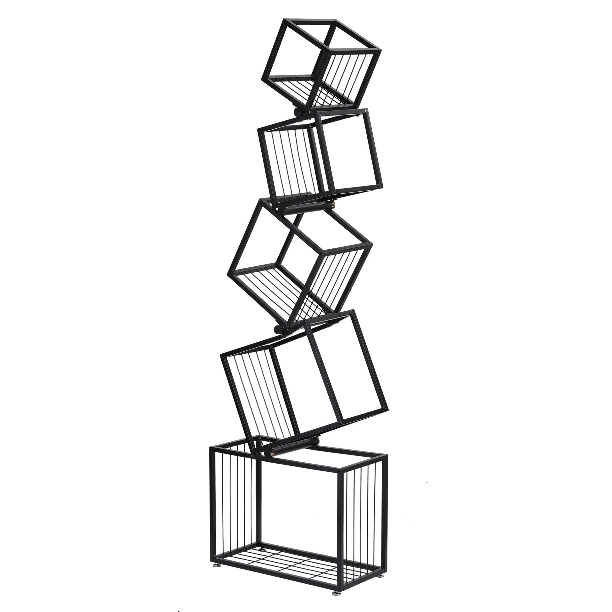Black metal diagonal cube bookshelf with 5 angled cube tiers and rectangular base, front-angle view on white background