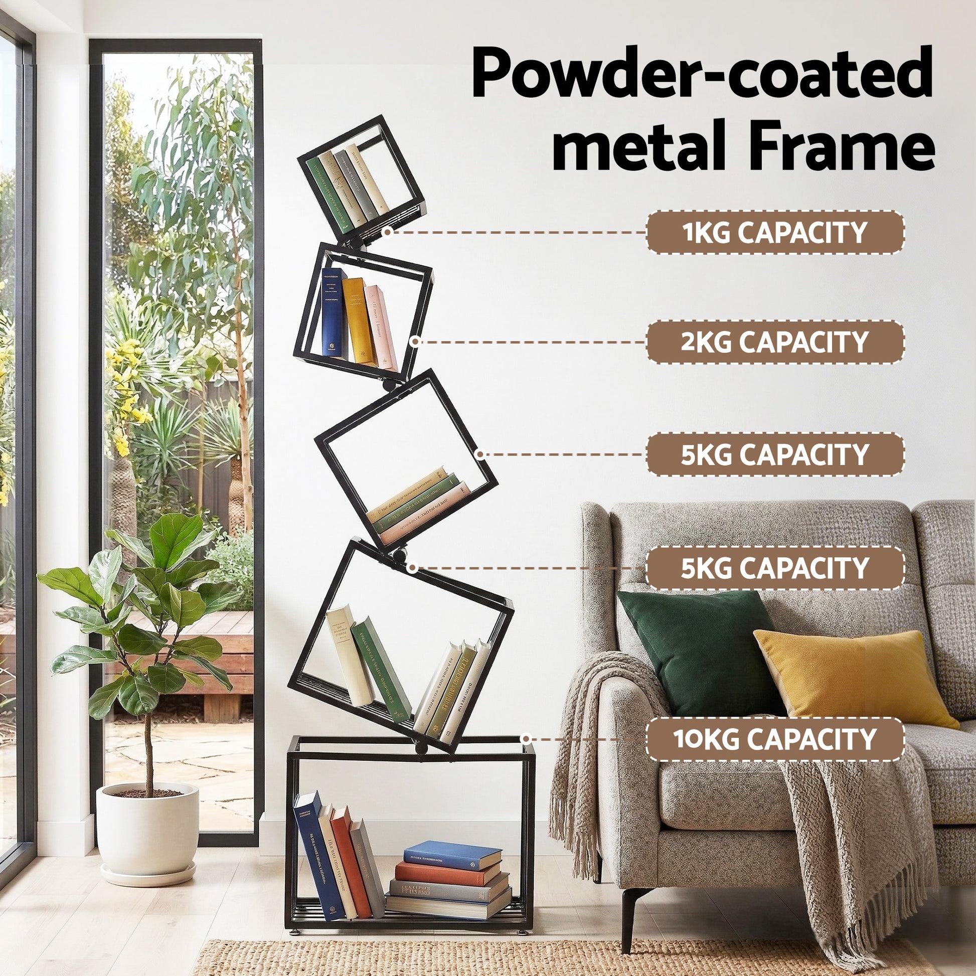 Black diagonal cube bookshelf in living room showing powder-coated metal frame, shelves labeled 1kg to 10kg capacity