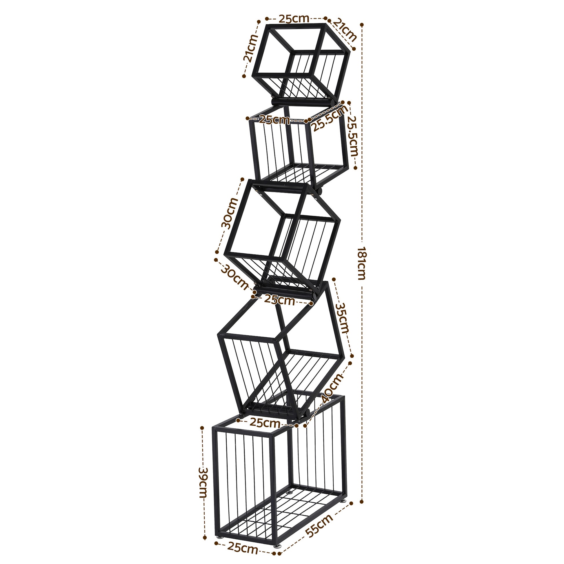 Black diagonal cube bookshelf dimensions diagram showing 181cm total height, 55cm base width and varying shelf depths