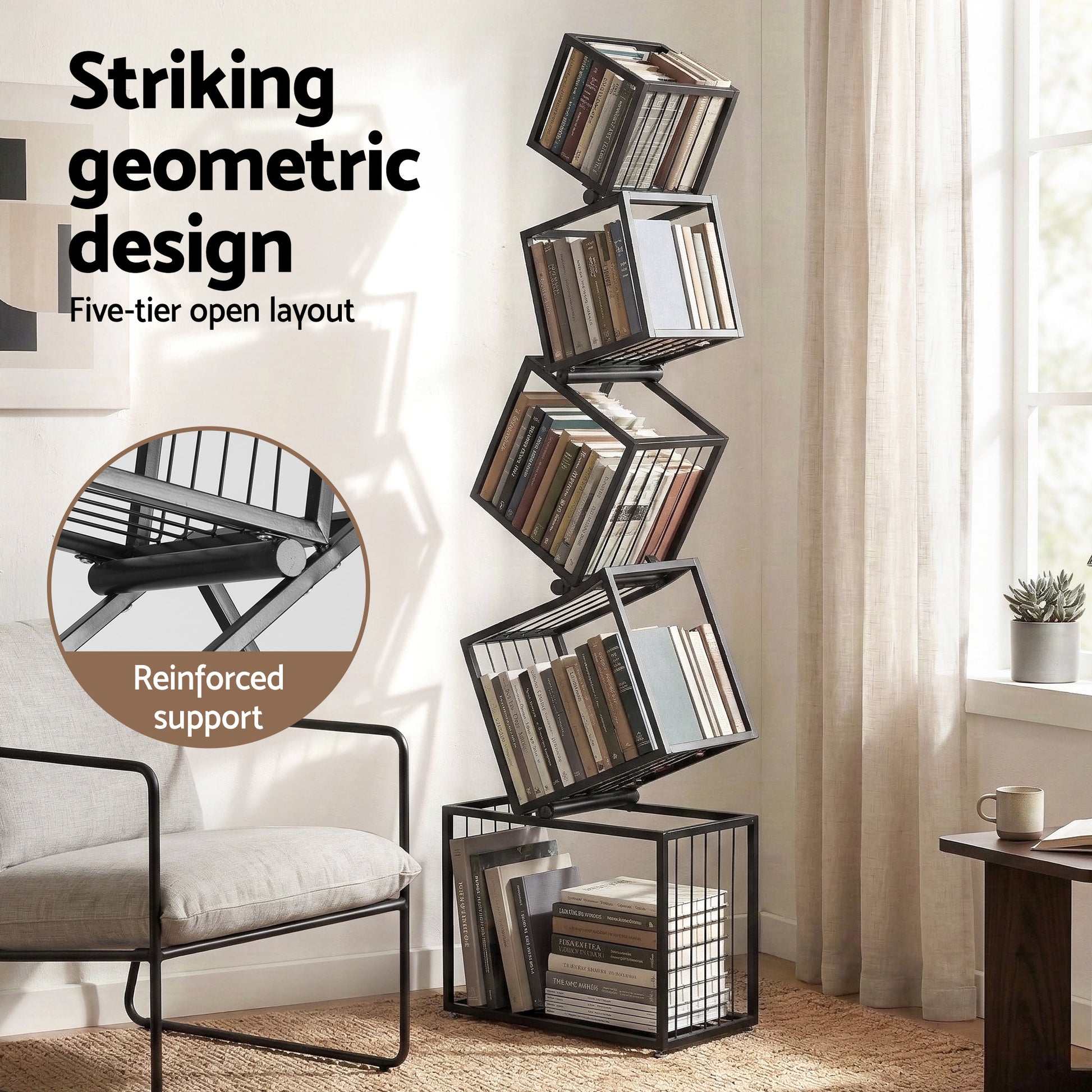 Black diagonal cube bookshelf in living room with text Striking geometric design, inset showing reinforced support detail