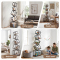 Black diagonal cube bookshelf shown in four room settings: living room, study room, bedroom and kids room