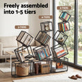 Black diagonal cube bookshelf shown in 3, 4 and 5-tier configurations with text Freely assembled into 1-5 tiers