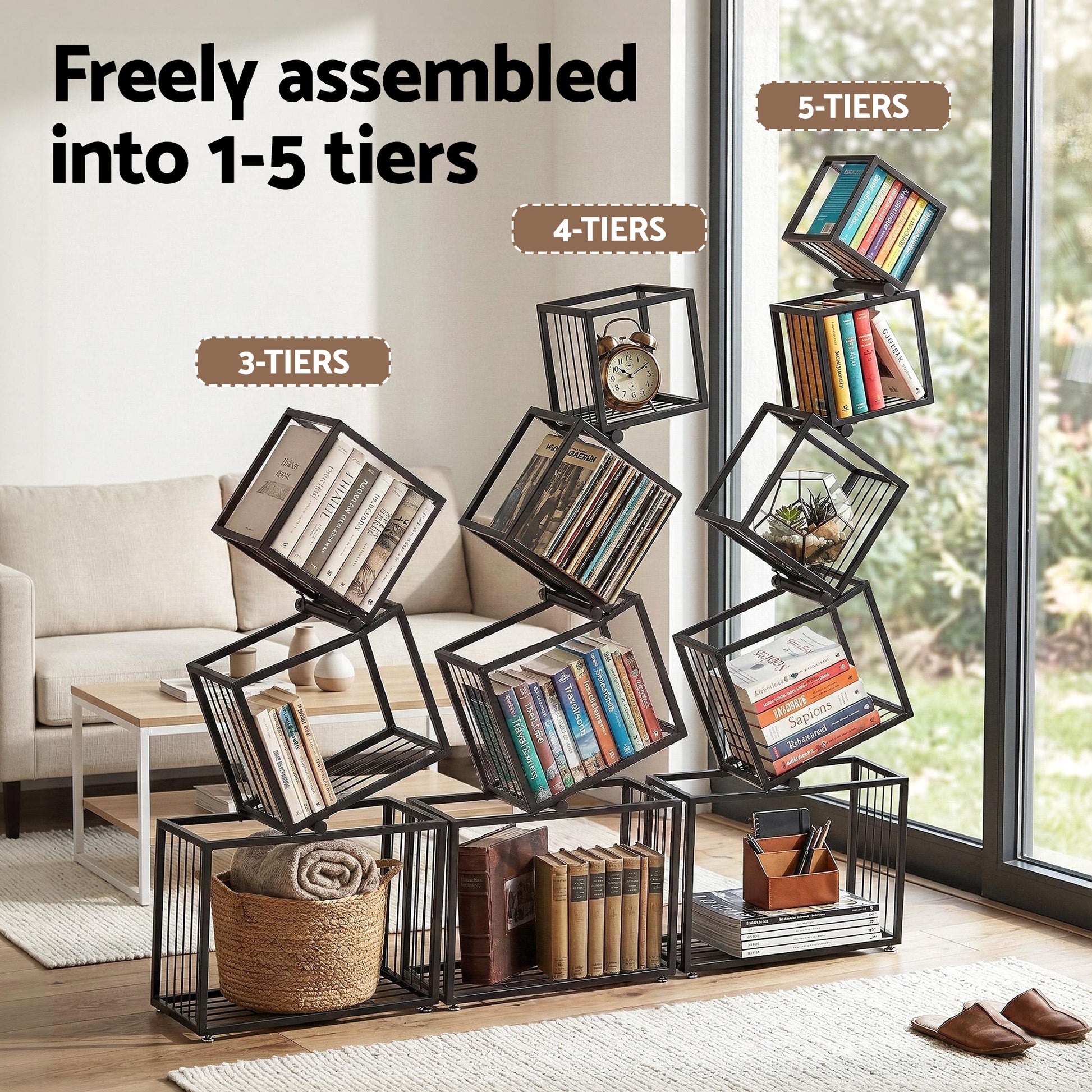 Black diagonal cube bookshelf shown in 3, 4 and 5-tier configurations with text Freely assembled into 1-5 tiers
