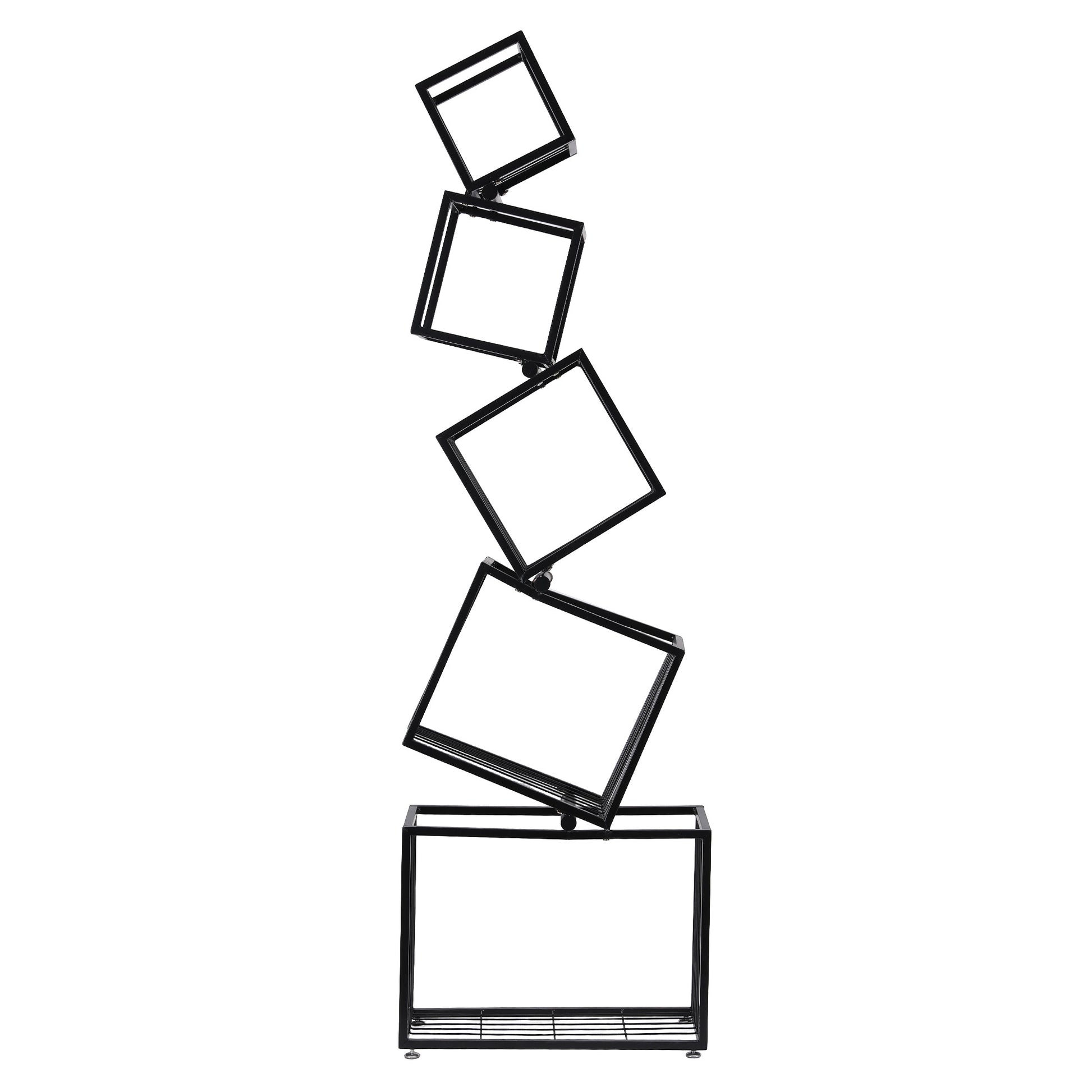 Black metal diagonal cube bookshelf with 5 angled cube frames in zigzag stack on white background, side view
