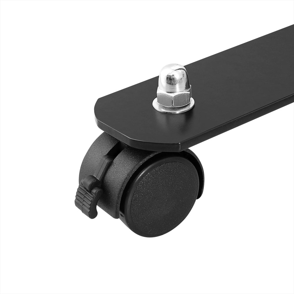 Black room divider lockable caster wheel close-up on white background showing black wheel with bolt and lock mechanism