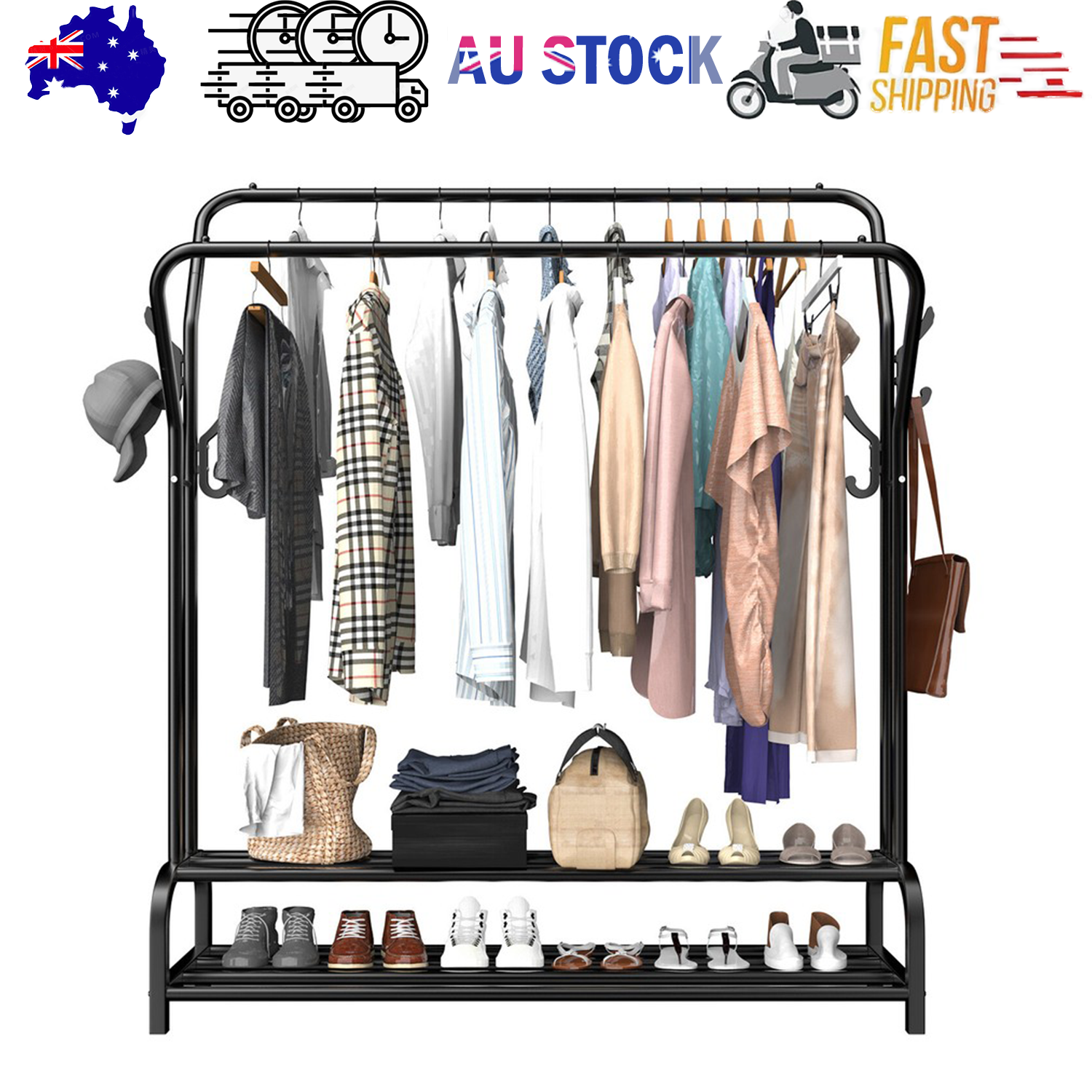 Black double-rail garment rack loaded with shirts jackets bags and shoes with AU stock and fast shipping banner