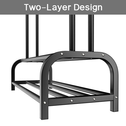 Close-up of black double-pole base with two-tier shelf frame and text two-layer design
