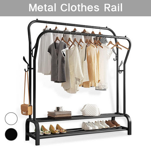 Black double-rail metal clothes rail on white background loaded with clothes showing black and white colour variants