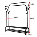 Black double-rail garment rack dimensions diagram showing 146cm height 110cm width 126cm rail height and 35cm depth