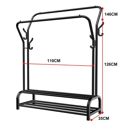 Black double-rail garment rack dimensions diagram showing 146cm height 110cm width 126cm rail height and 35cm depth