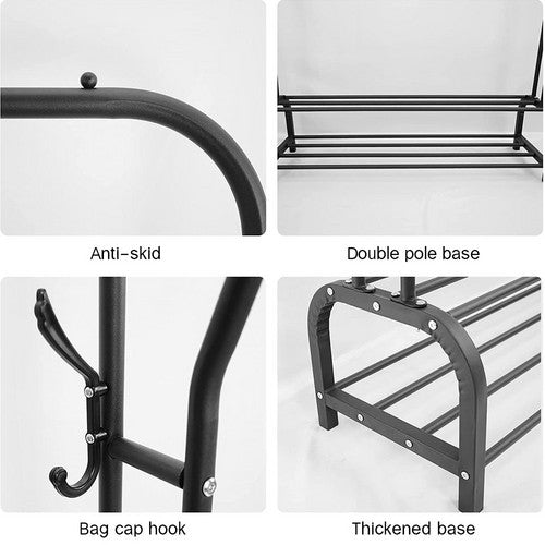 Four-part feature infographic showing anti-skid cap double pole base bag cap hook and thickened base for garment rack