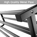Close-up of black metal pipe corner joint on garment rack frame with text high quality metal pipe