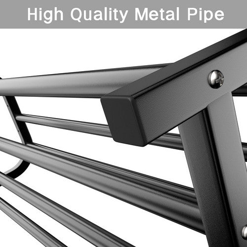Close-up of black metal pipe corner joint on garment rack frame with text high quality metal pipe