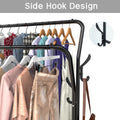 Black double-rail garment rack angled view with clothes and side hook design callout inset showing curved black hook