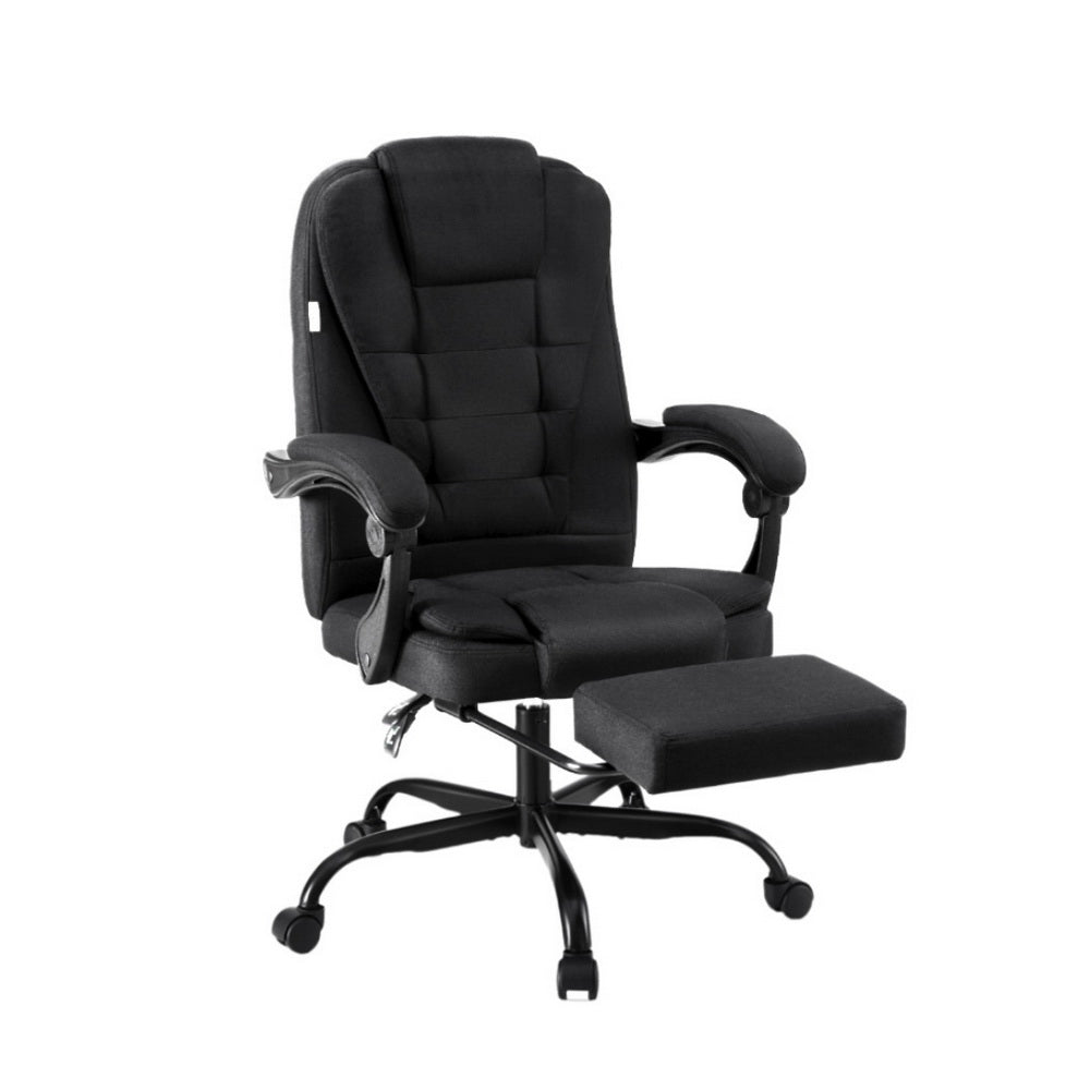 Black fabric high-back reclining office chair with armrests in three-quarter angle view on white background