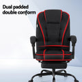Black fabric office chair dual padded double conform infographic with red highlights on ergonomic zones