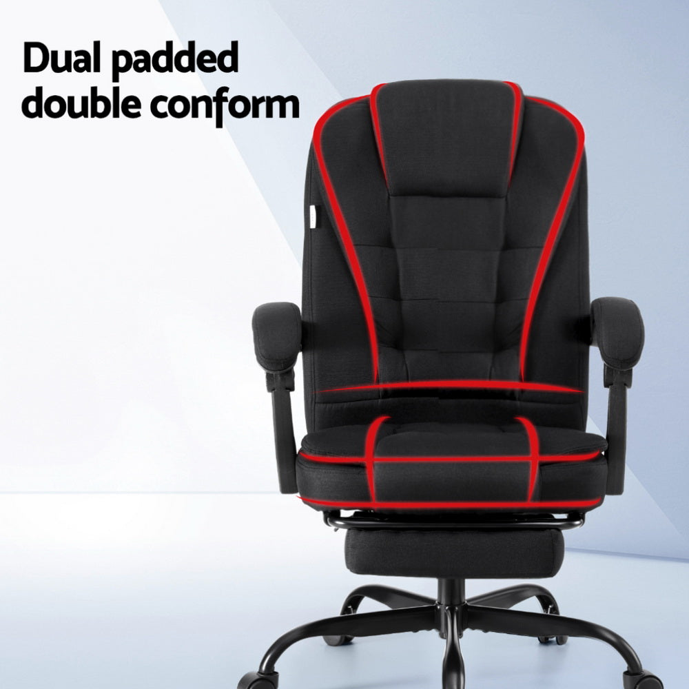 Black fabric office chair dual padded double conform infographic with red highlights on ergonomic zones