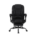 Black fabric high-back office chair front view with footrest extended on white background