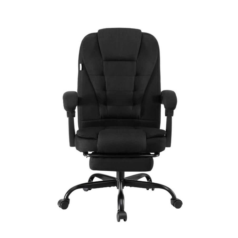 Black fabric high-back office chair front view with footrest extended on white background