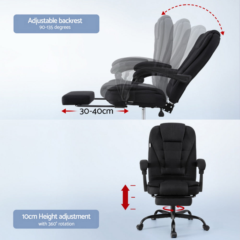 Black fabric office chair adjustable backrest 90-135 degrees with 30-40cm footrest extension diagram