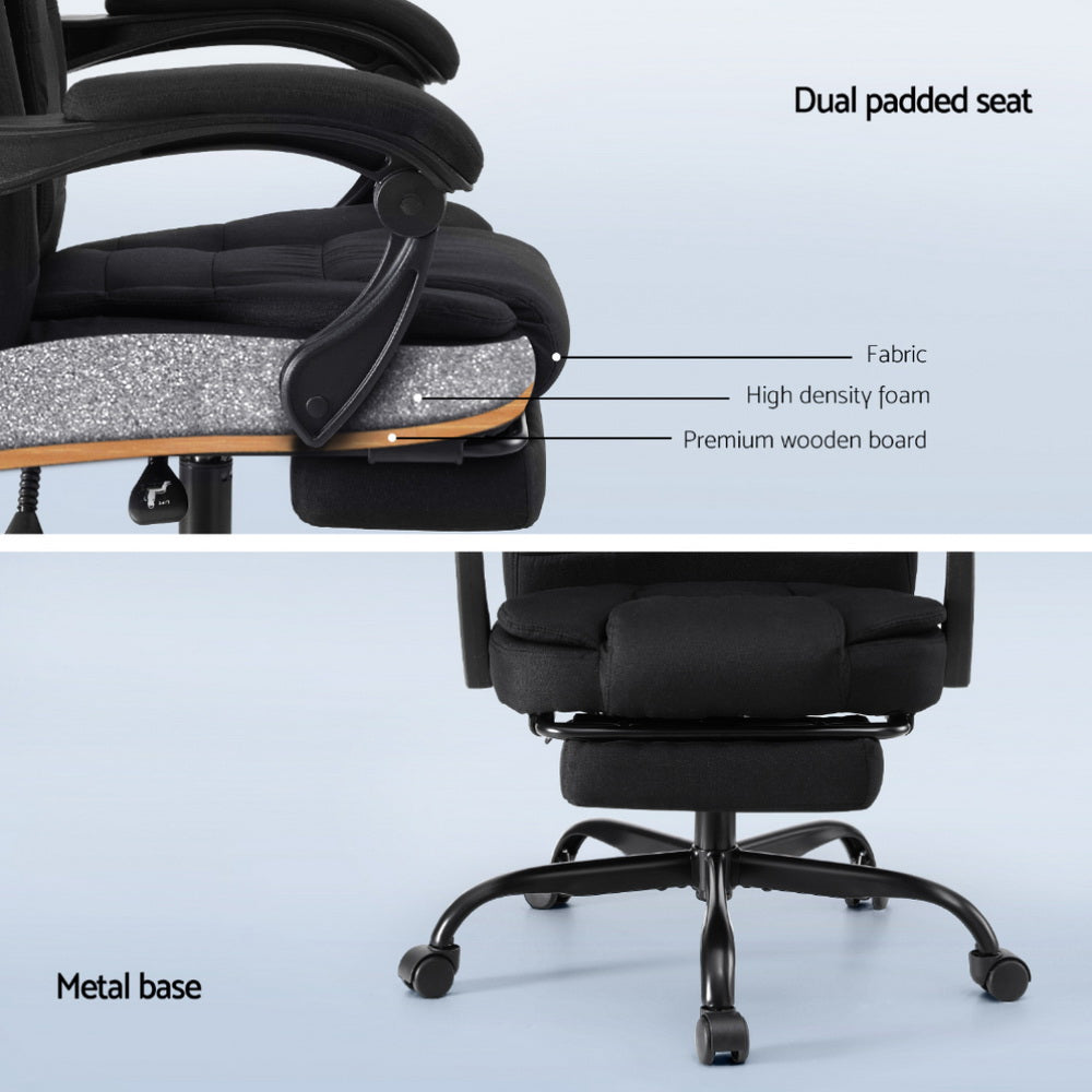 Black fabric office chair seat cross-section showing fabric high-density foam wooden board and metal base