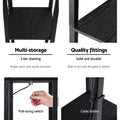 Four-panel detail infographic showing shelf surface, frame joint, pull-string switch in use, and cable holder with labels
