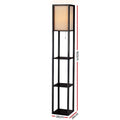 Black shelf floor lamp dimensions diagram showing 160cm height and 26cm x 26cm base, three open shelves, cream fabric shade