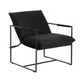 Black fabric sling armchair with black metal tubular frame and fabric armrests, three-quarter angle on white background