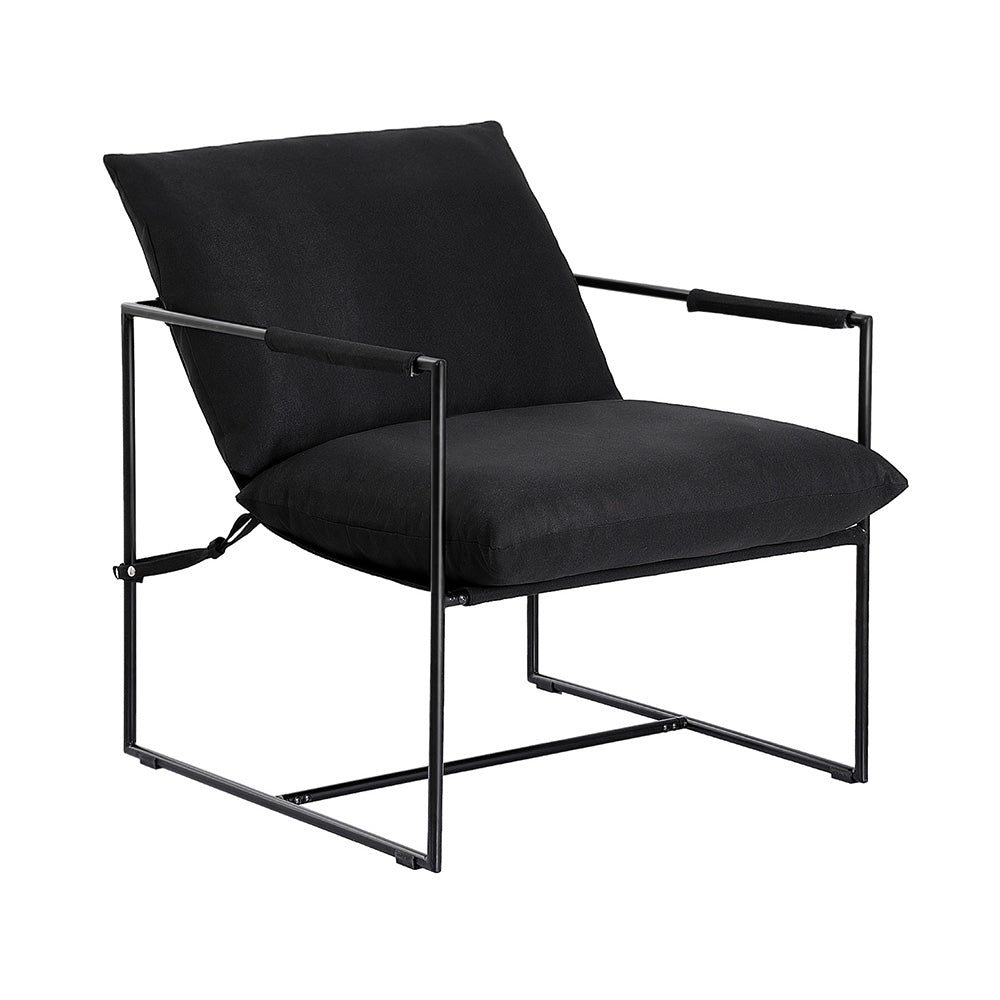 Black fabric sling armchair with black metal tubular frame and fabric armrests, three-quarter angle on white background