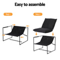 Black sling armchair two-step assembly diagram: step 1 attach fabric sling to metal frame, step 2 drop cushions onto frame