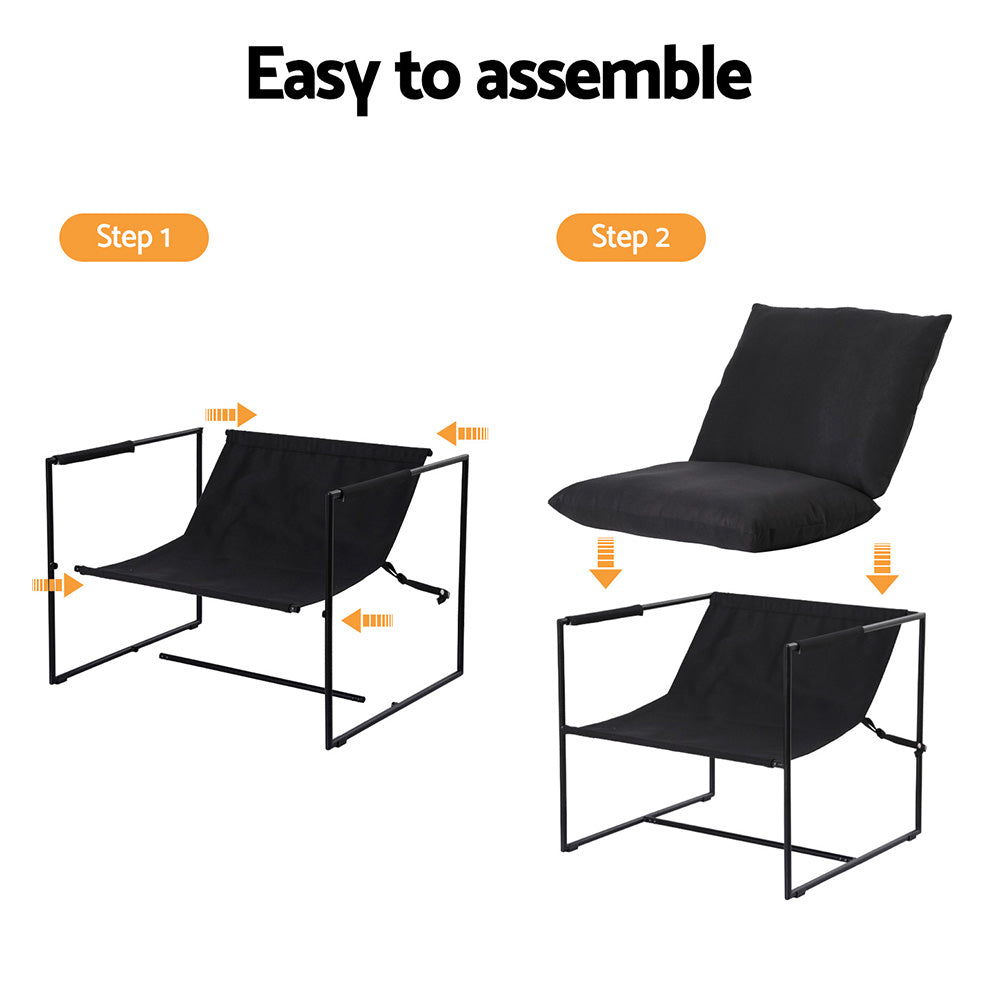 Black sling armchair two-step assembly diagram: step 1 attach fabric sling to metal frame, step 2 drop cushions onto frame