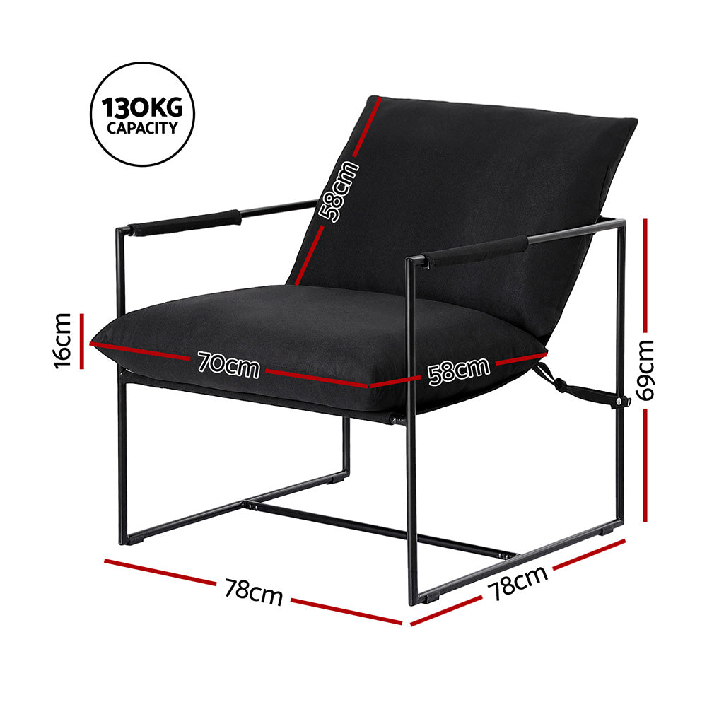 Black fabric sling armchair dimension diagram: 78cm wide 69cm tall, seat 70cm wide 58cm deep, 16cm cushion, 130kg capacity