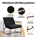Black sling chair features: polyester fabric close-up, washable zip cover, removable armrest wrap and velcro strap callouts