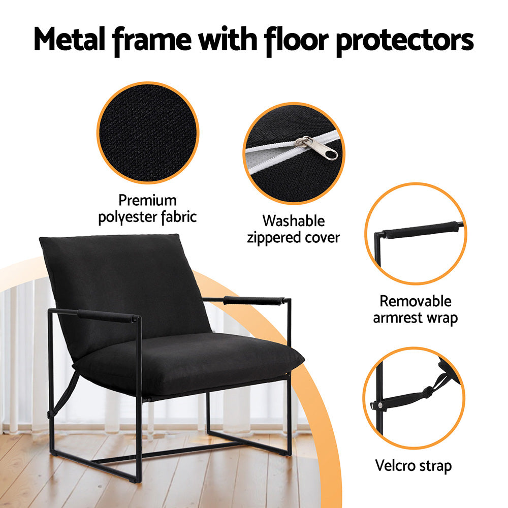Black sling chair features: polyester fabric close-up, washable zip cover, removable armrest wrap and velcro strap callouts