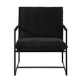 Black fabric sling armchair with black square metal frame, front view on white background, oversized seat and back cushions