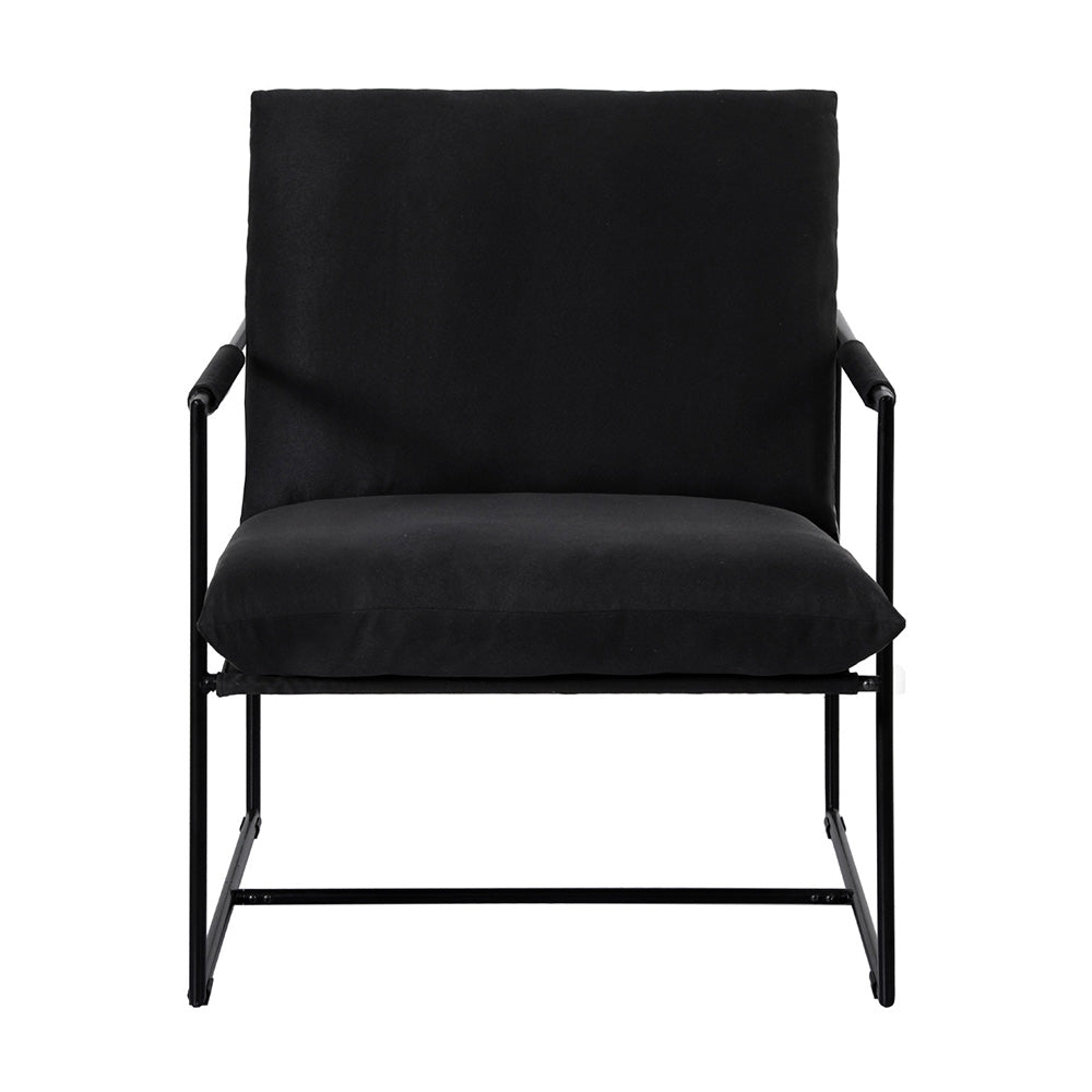 Black fabric sling armchair with black square metal frame, front view on white background, oversized seat and back cushions