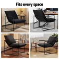 Black sling chair in four settings: bedroom, office, balcony with city view, and cafe with side table, “Fits every space”