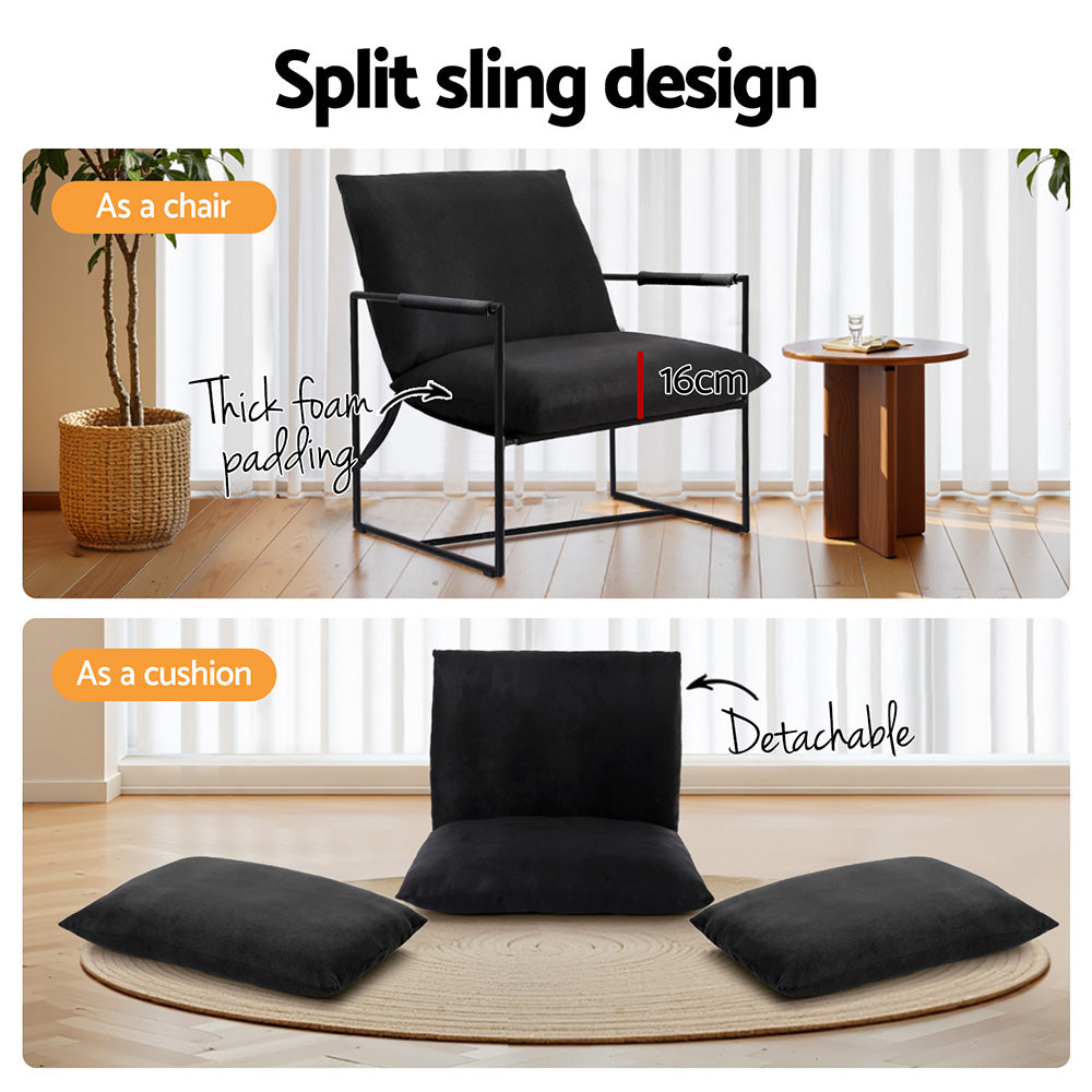 Black sling chair two-panel: chair in room with 16cm foam padding callout; detachable black cushions shown on floor below