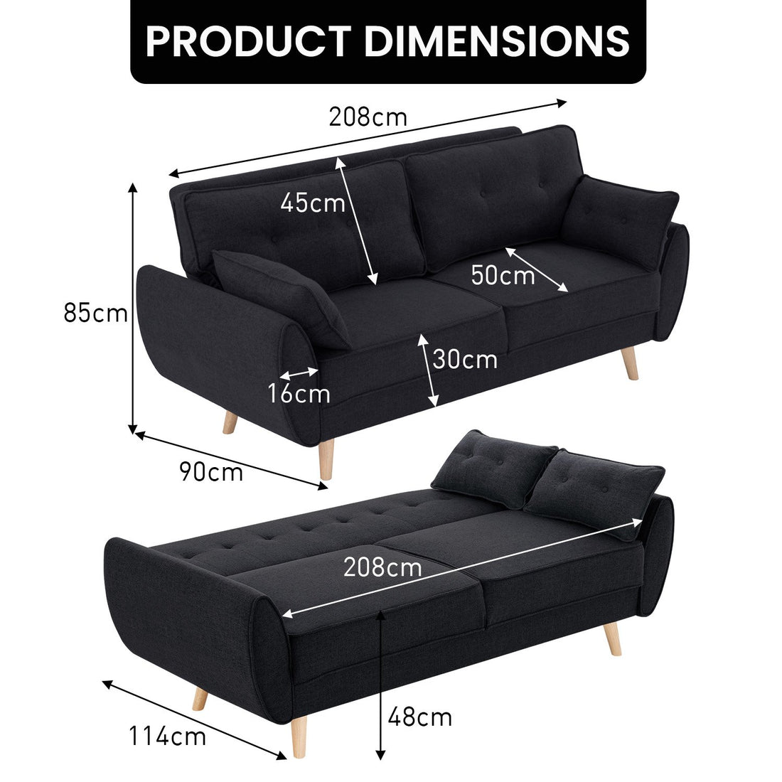 Black fabric sofa with rounded arms, button-tufted back cushions and natural wood legs, angle view