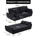 Dimensions diagram for black fabric sofa bed: 208cm x 85cm x 90cm sofa, 208cm x 114cm x 48cm bed