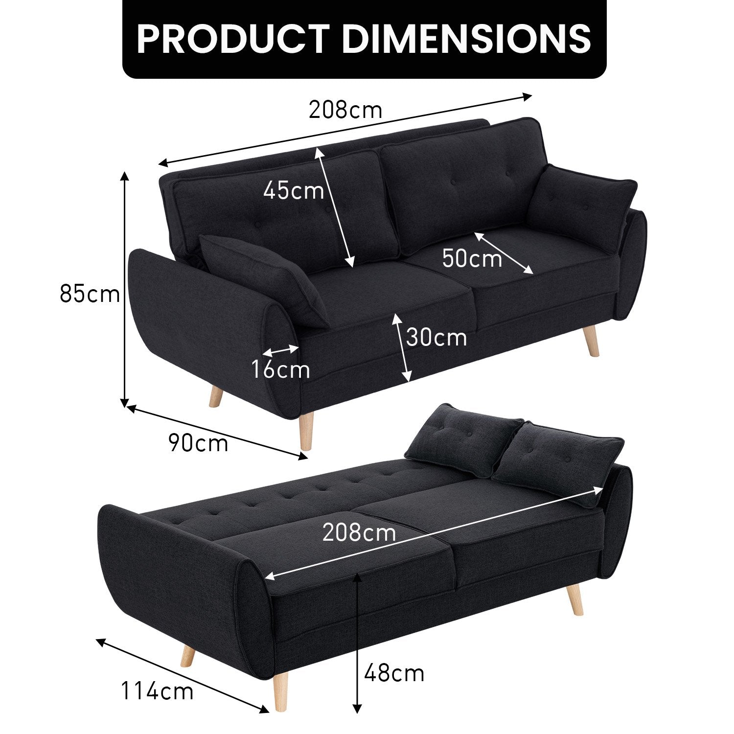 Dimensions diagram for black fabric sofa bed: 208cm x 85cm x 90cm sofa, 208cm x 114cm x 48cm bed