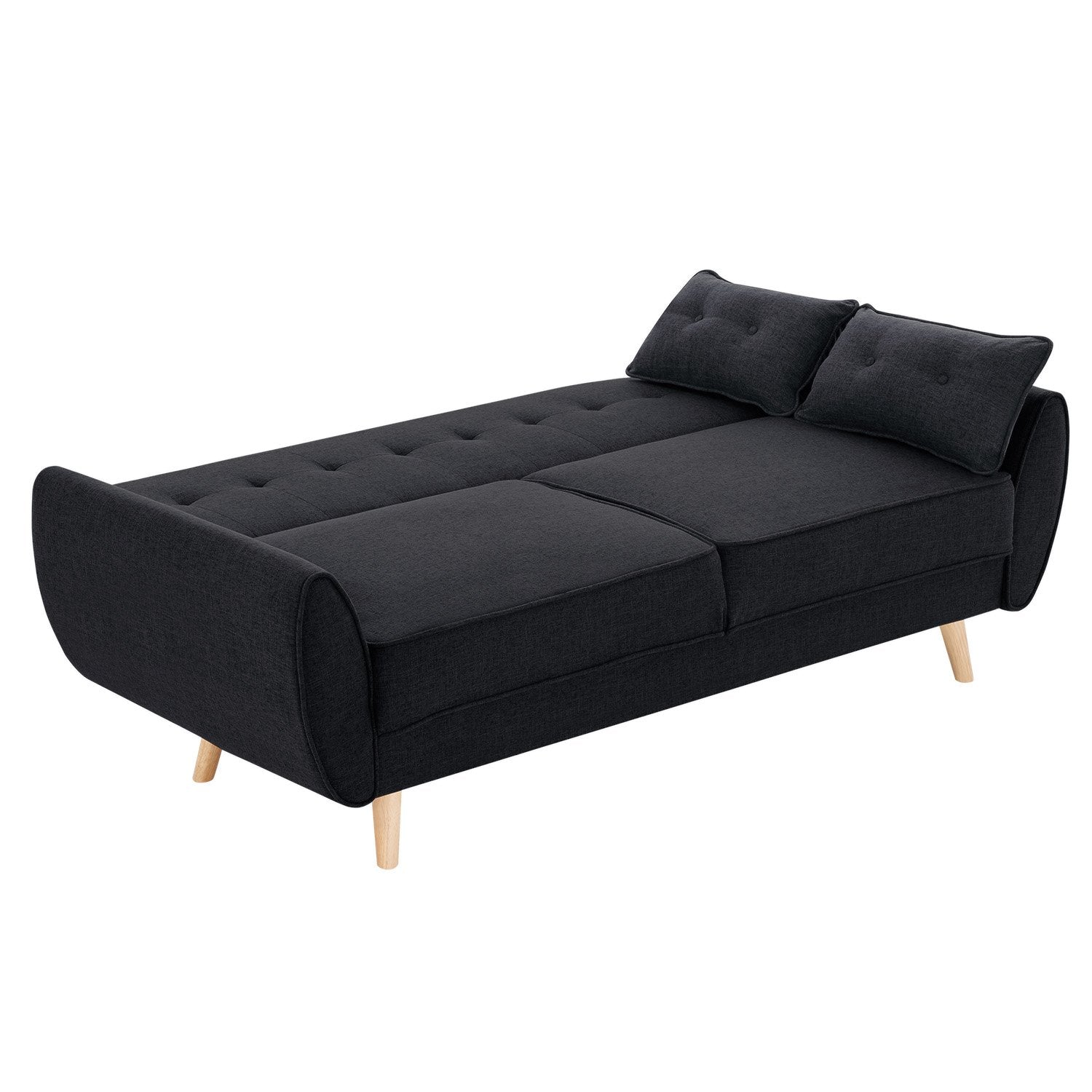 Black fabric sofa bed fully extended flat showing tufted seat and conversion mechanism on white background